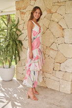 Load image into Gallery viewer, Lissy Plunge Neck Bead Front White/Pink Floral Print Frill Evening Dress