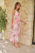 Load image into Gallery viewer, Lissy Plunge Neck Bead Front White/Pink Floral Print Frill Evening Dress