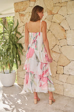 Load image into Gallery viewer, Lissy Plunge Neck Bead Front White/Pink Floral Print Frill Evening Dress