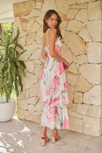 Load image into Gallery viewer, Lissy Plunge Neck Bead Front White/Pink Floral Print Frill Evening Dress