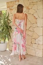 Load image into Gallery viewer, Lissy Plunge Neck Bead Front White/Pink Floral Print Frill Evening Dress