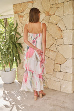 Load image into Gallery viewer, Lissy Plunge Neck Bead Front White/Pink Floral Print Frill Evening Dress