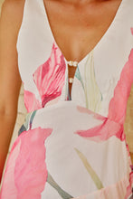 Load image into Gallery viewer, Lissy Plunge Neck Bead Front White/Pink Floral Print Frill Evening Dress