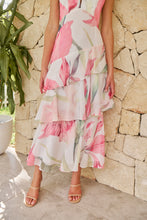 Load image into Gallery viewer, Lissy Plunge Neck Bead Front White/Pink Floral Print Frill Evening Dress