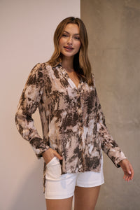 Natia Mocha Print Button Up Collared Shirt
