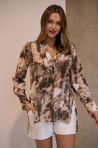 Natia Mocha Print Button Up Collared Shirt