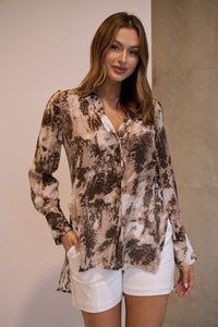 Natia Mocha Print Button Up Collared Shirt
