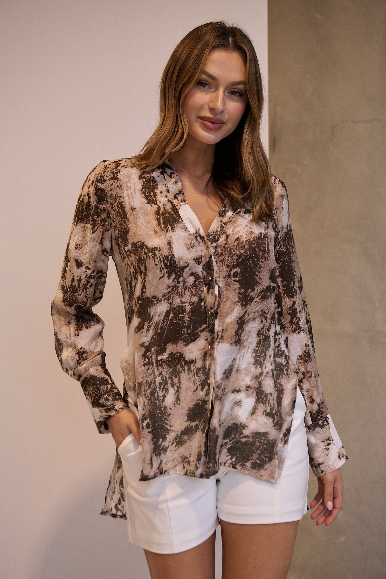 Natia Mocha Print Button Up Collared Shirt