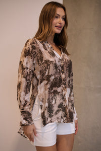 Natia Mocha Print Button Up Collared Shirt