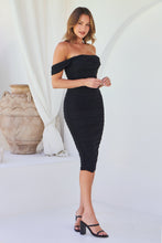 Load image into Gallery viewer, Milla Mesh Black Off Shoulder Rouged Evening Dress