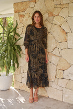 Load image into Gallery viewer, Jora Black/Toffee Print Chiffon Shirred Midi Dress