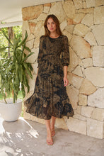 Load image into Gallery viewer, Jora Black/Toffee Print Chiffon Shirred Midi Dress
