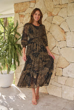 Load image into Gallery viewer, Jora Black/Toffee Print Chiffon Shirred Midi Dress