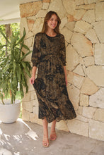 Load image into Gallery viewer, Jora Black/Toffee Print Chiffon Shirred Midi Dress