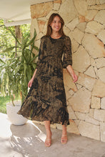 Load image into Gallery viewer, Jora Black/Toffee Print Chiffon Shirred Midi Dress
