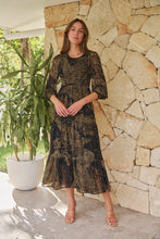Load image into Gallery viewer, Jora Black/Toffee Print Chiffon Shirred Midi Dress