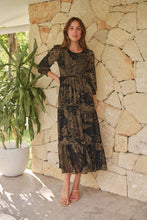 Load image into Gallery viewer, Jora Black/Toffee Print Chiffon Shirred Midi Dress