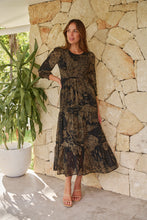 Load image into Gallery viewer, Jora Black/Toffee Print Chiffon Shirred Midi Dress