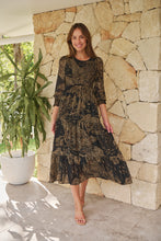 Load image into Gallery viewer, Jora Black/Toffee Print Chiffon Shirred Midi Dress