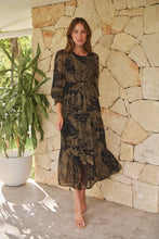 Load image into Gallery viewer, Jora Black/Toffee Print Chiffon Shirred Midi Dress