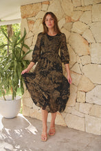 Load image into Gallery viewer, Jora Black/Toffee Print Chiffon Shirred Midi Dress