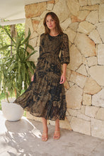Load image into Gallery viewer, Jora Black/Toffee Print Chiffon Shirred Midi Dress