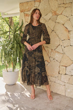 Load image into Gallery viewer, Jora Black/Toffee Print Chiffon Shirred Midi Dress