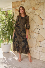 Load image into Gallery viewer, Jora Black/Toffee Print Chiffon Shirred Midi Dress