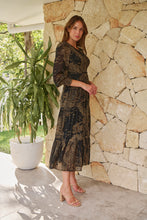 Load image into Gallery viewer, Jora Black/Toffee Print Chiffon Shirred Midi Dress