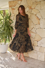 Load image into Gallery viewer, Jora Black/Toffee Print Chiffon Shirred Midi Dress