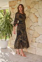 Load image into Gallery viewer, Jora Black/Toffee Print Chiffon Shirred Midi Dress
