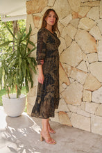 Load image into Gallery viewer, Jora Black/Toffee Print Chiffon Shirred Midi Dress