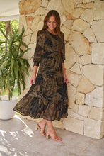 Load image into Gallery viewer, Jora Black/Toffee Print Chiffon Shirred Midi Dress