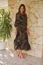 Load image into Gallery viewer, Jora Black/Toffee Print Chiffon Shirred Midi Dress