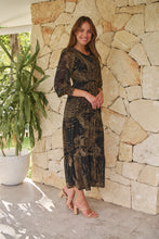 Load image into Gallery viewer, Jora Black/Toffee Print Chiffon Shirred Midi Dress