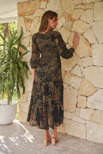 Load image into Gallery viewer, Jora Black/Toffee Print Chiffon Shirred Midi Dress