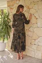 Load image into Gallery viewer, Jora Black/Toffee Print Chiffon Shirred Midi Dress