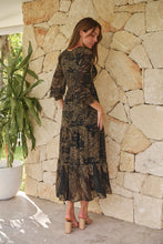 Load image into Gallery viewer, Jora Black/Toffee Print Chiffon Shirred Midi Dress