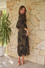 Load image into Gallery viewer, Jora Black/Toffee Print Chiffon Shirred Midi Dress