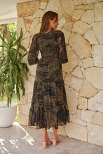 Load image into Gallery viewer, Jora Black/Toffee Print Chiffon Shirred Midi Dress