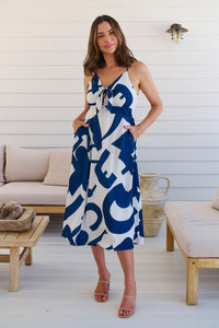 Sadie White/Blue Print Singlet Tie Front Dress