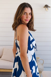 Sadie White/Blue Print Singlet Tie Front Dress