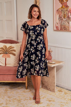 Load image into Gallery viewer, Tiffany Navy Floral Chiffon Off Shoulder Dress