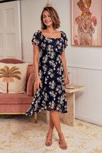Load image into Gallery viewer, Tiffany Navy Floral Chiffon Off Shoulder Dress