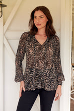 Load image into Gallery viewer, Valentina Pleated Black/Brown Tie Neck Shirt