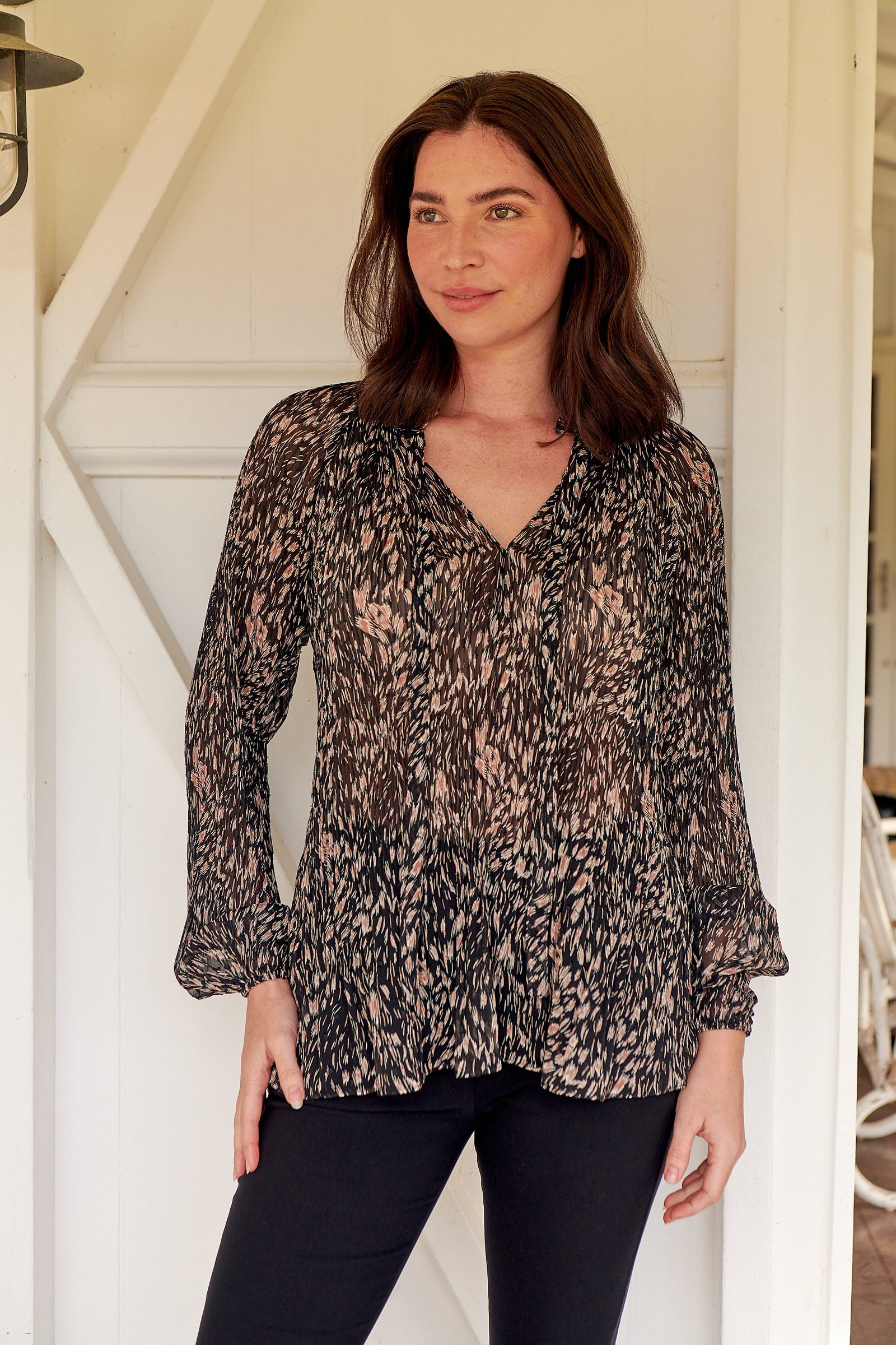 Valentina Pleated Black/Brown Tie Neck Shirt