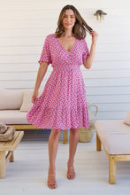 Load image into Gallery viewer, Chiara Cap Sleeve Pink Retro Print Button Front Dress