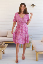 Load image into Gallery viewer, Chiara Cap Sleeve Pink Retro Print Button Front Dress