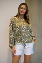 Load image into Gallery viewer, Riva Taupe/White Print Long Sleeve Drawstring Top
