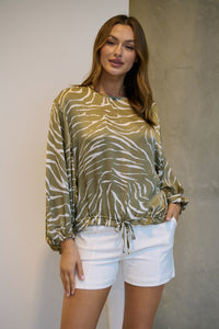 Riva Taupe/White Print Long Sleeve Drawstring Top